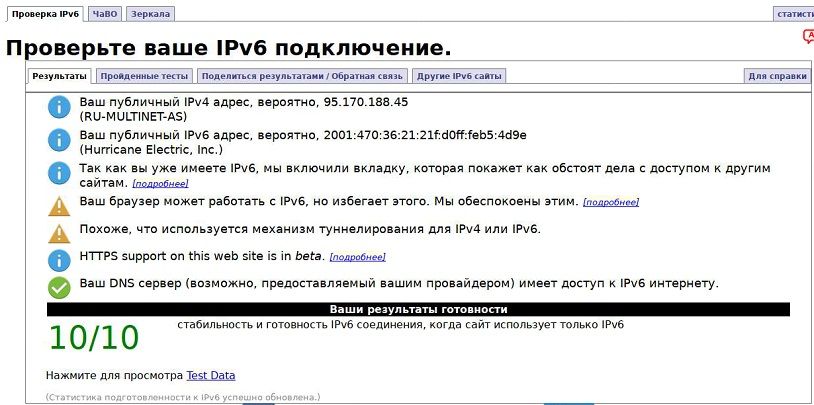 Результаты тестирования IPv6